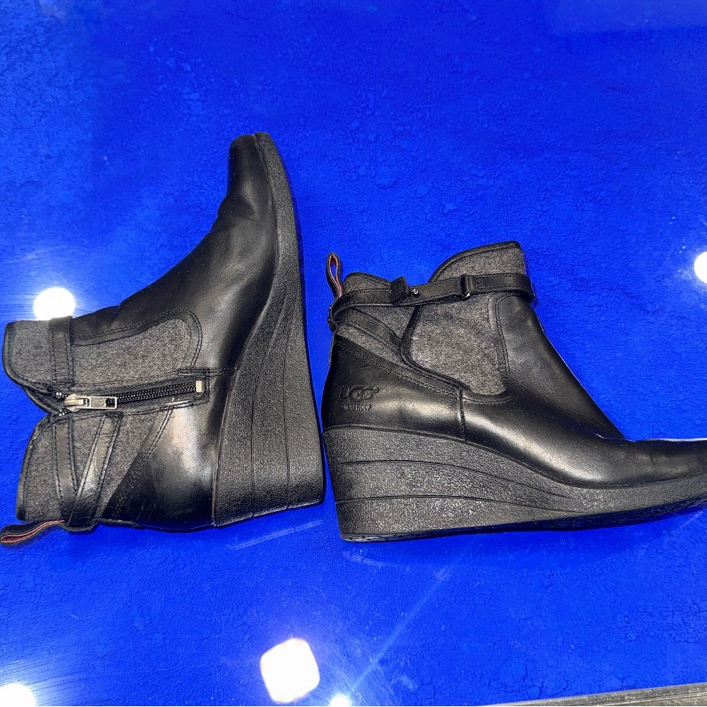 Black Leather Moto Zip UGG Indra Waterproof Wedge Booties Ankle chic strap boot